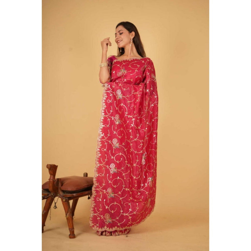 Isadora Life Womens Embroidered Sequined Pink Pre-Draped Saree With Unstitched Blouse