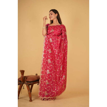 Isadora Life Womens Embroidered Sequined Pink Pre-Draped Saree With Unstitched Blouse