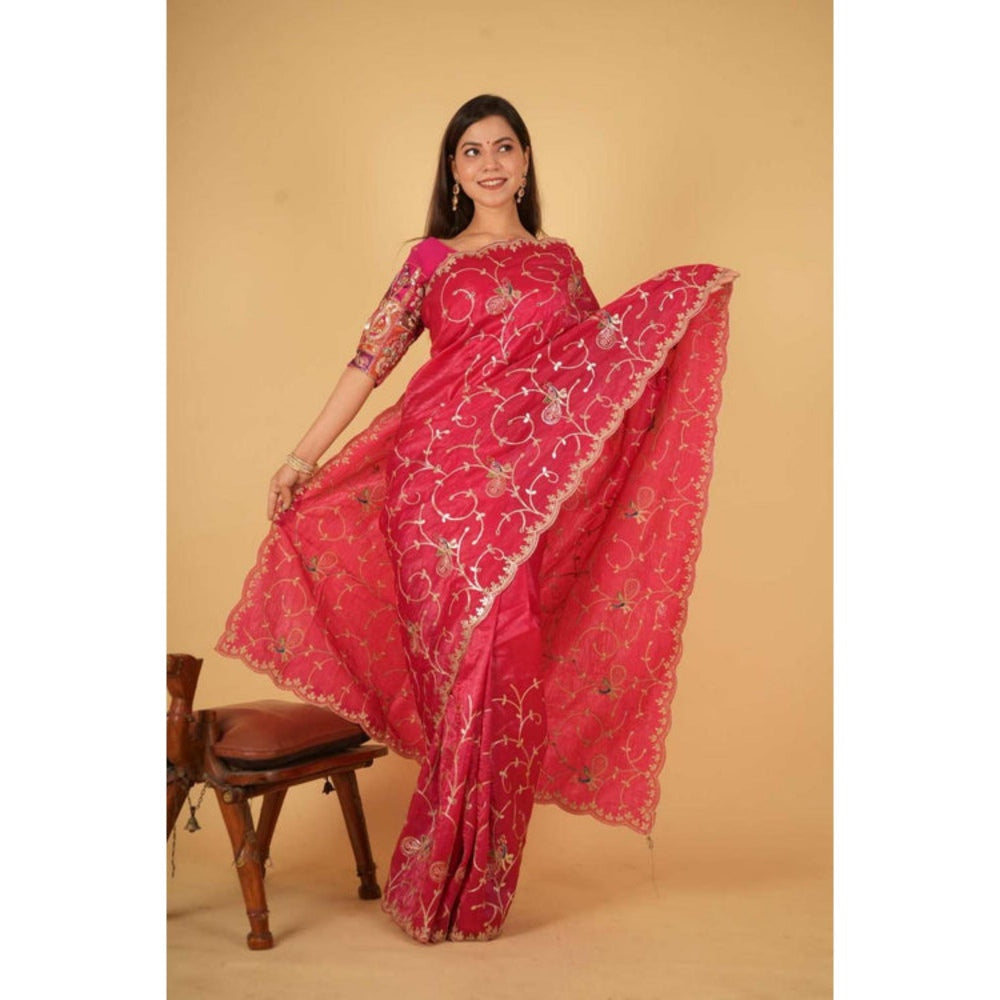 Isadora Life Womens Embroidered Sequined Pink Pre-Draped Saree With Unstitched Blouse
