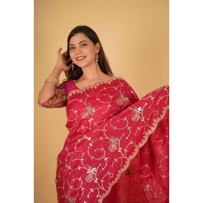 Isadora Life Womens Embroidered Sequined Pink Pre-Draped Saree With Unstitched Blouse