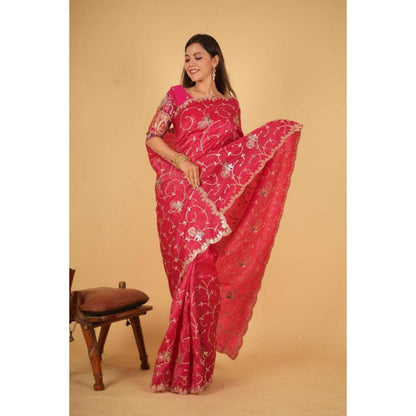 Isadora Life Womens Embroidered Sequined Pink Pre-Draped Saree With Unstitched Blouse