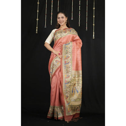 Isadora Life Womens Printed Tassels Coral Pre-Draped Saree With Unstitched Blouse