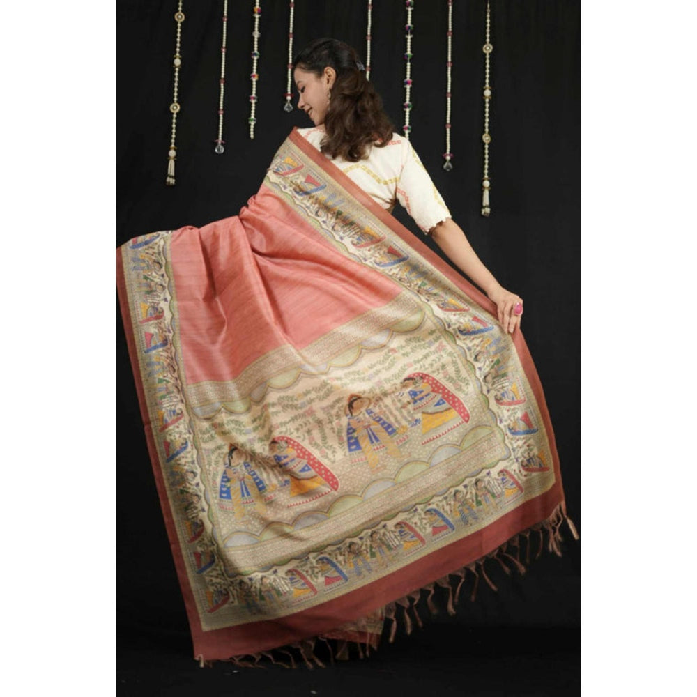 Isadora Life Womens Printed Tassels Coral Pre-Draped Saree With Unstitched Blouse