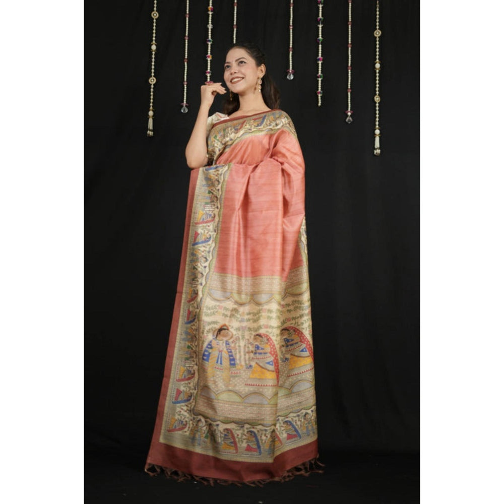 Isadora Life Womens Printed Tassels Coral Pre-Draped Saree With Unstitched Blouse