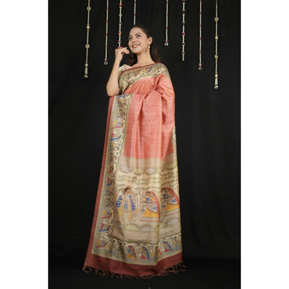 Isadora Life Womens Printed Tassels Coral Pre-Draped Saree With Unstitched Blouse