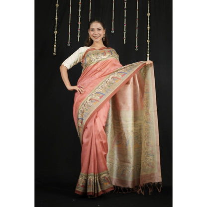 Isadora Life Womens Printed Tassels Coral Pre-Draped Saree With Unstitched Blouse