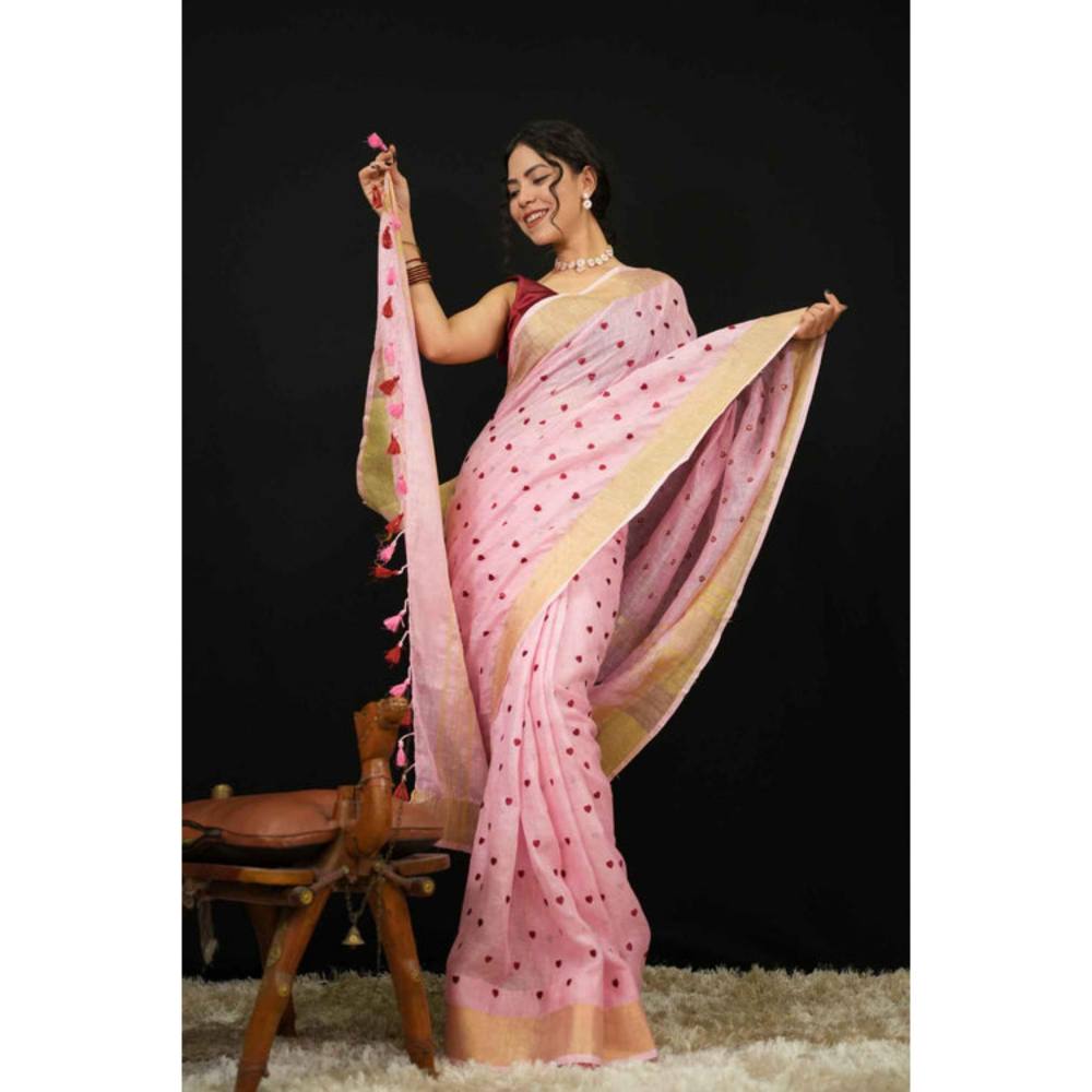 Isadora Life Womens Embroidered Tassels Pink Pre-Draped Saree With Unstitched Blouse