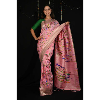 Isadora Life Womens Floral Tassels Pink Pre-Draped Saree With Unstitched Blouse