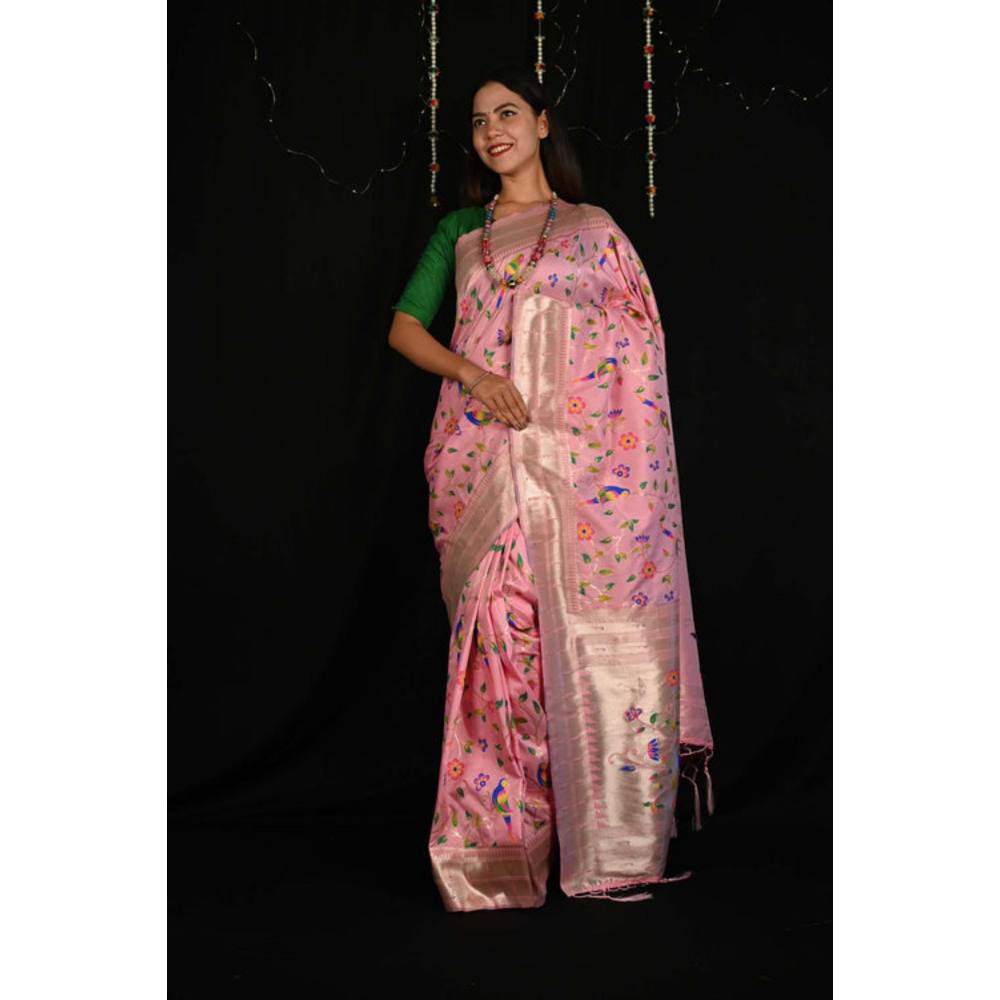 Isadora Life Womens Floral Tassels Pink Pre-Draped Saree With Unstitched Blouse