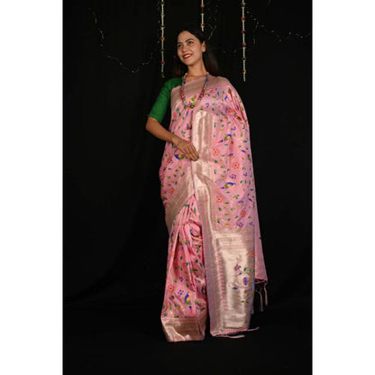 Isadora Life Womens Floral Tassels Pink Pre-Draped Saree With Unstitched Blouse