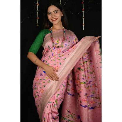Isadora Life Womens Floral Tassels Pink Pre-Draped Saree With Unstitched Blouse