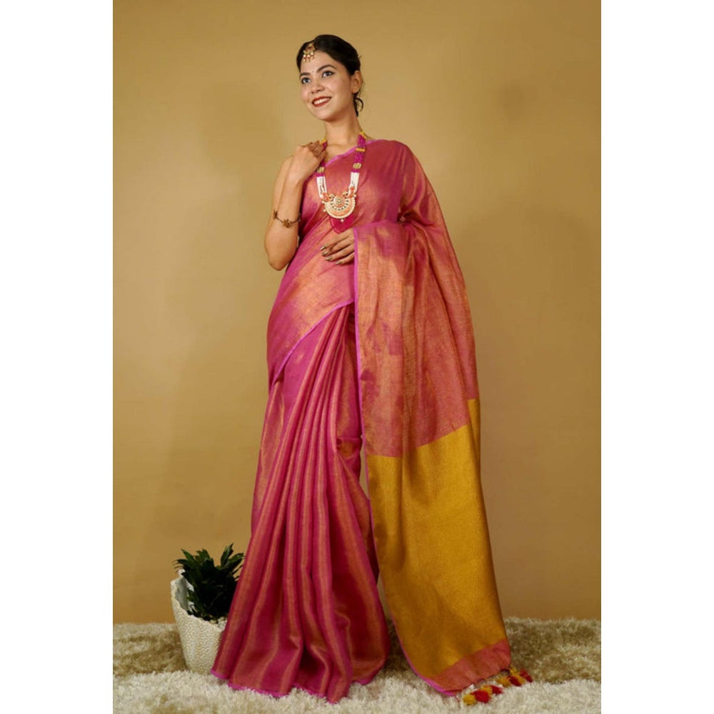 Isadora Life Womens Woven Tassels Pink Pre-Draped Saree With Unstitched Blouse