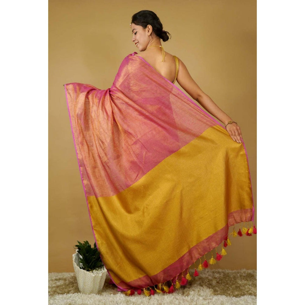 Isadora Life Womens Woven Tassels Pink Pre-Draped Saree With Unstitched Blouse