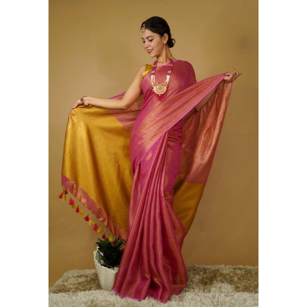 Isadora Life Womens Woven Tassels Pink Pre-Draped Saree With Unstitched Blouse