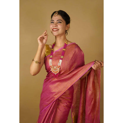 Isadora Life Womens Woven Tassels Pink Pre-Draped Saree With Unstitched Blouse