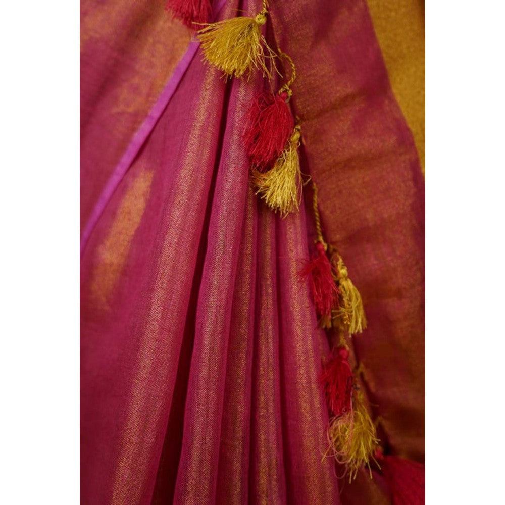 Isadora Life Womens Woven Tassels Pink Pre-Draped Saree With Unstitched Blouse