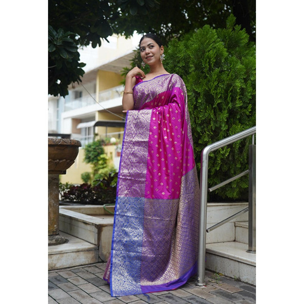 Isadora Life Womens Woven Zari Pink Pre-Draped Saree With Unstitched Blouse