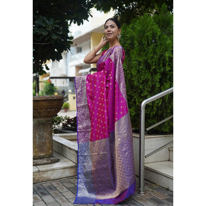 Isadora Life Womens Woven Zari Pink Pre-Draped Saree With Unstitched Blouse