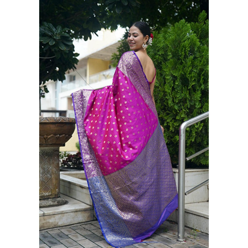 Isadora Life Womens Woven Zari Pink Pre-Draped Saree With Unstitched Blouse