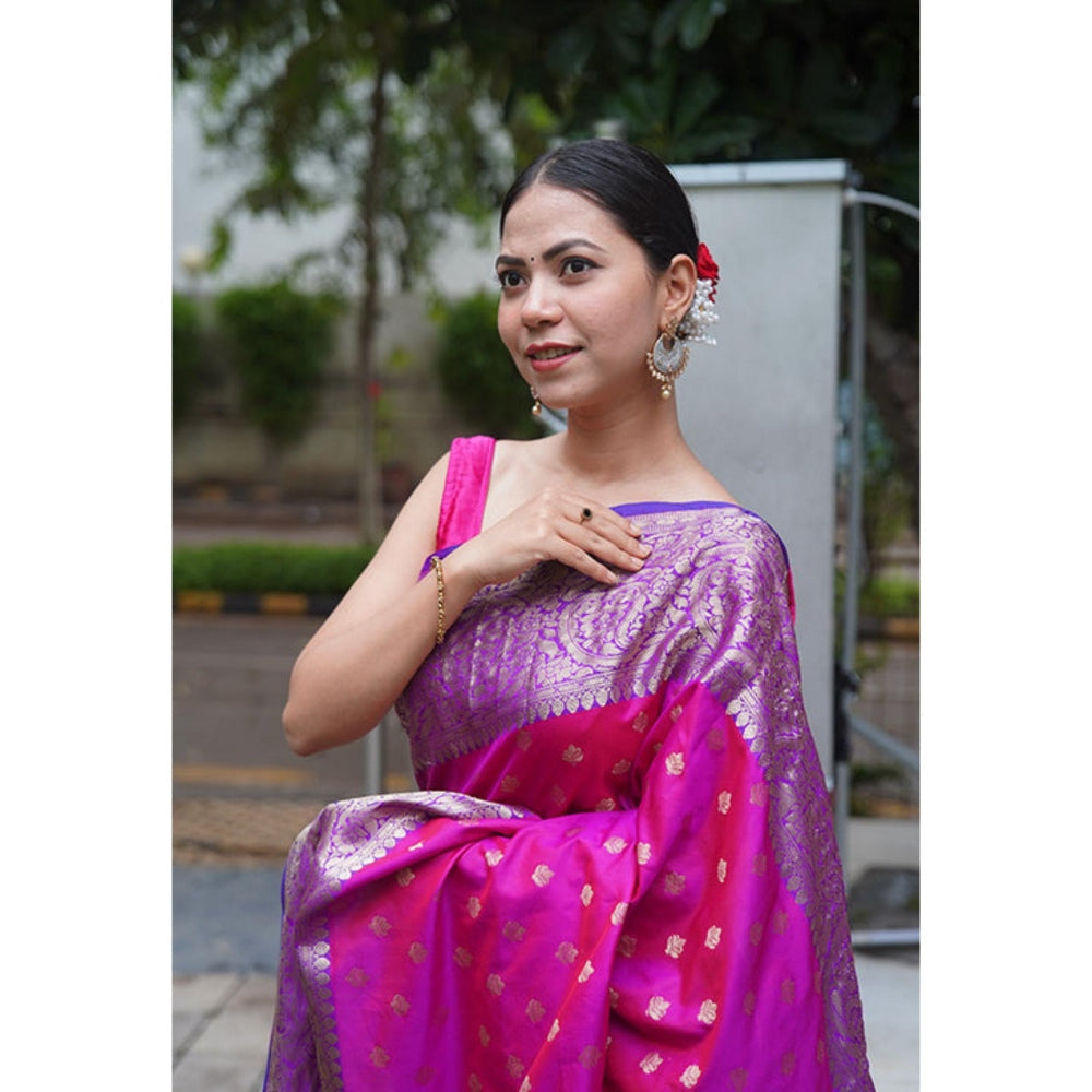 Isadora Life Womens Woven Zari Pink Pre-Draped Saree With Unstitched Blouse