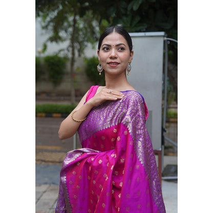 Isadora Life Womens Woven Zari Pink Pre-Draped Saree With Unstitched Blouse