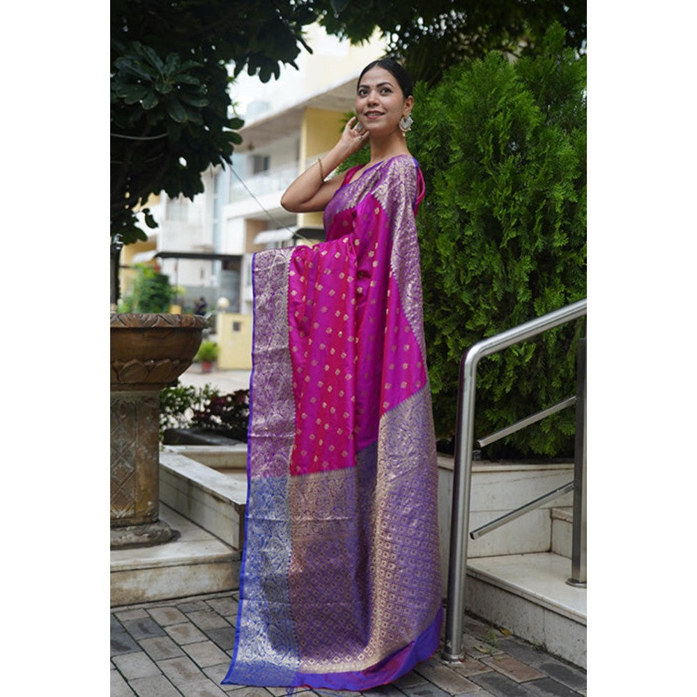 Isadora Life Womens Woven Zari Pink Pre-Draped Saree With Unstitched Blouse
