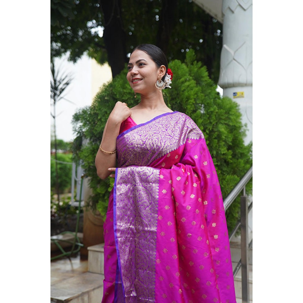 Isadora Life Womens Woven Zari Pink Pre-Draped Saree With Unstitched Blouse
