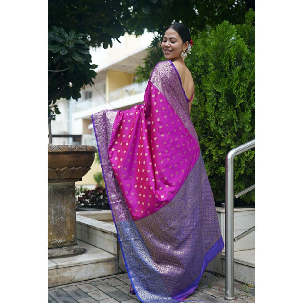 Isadora Life Womens Woven Zari Pink Pre-Draped Saree With Unstitched Blouse