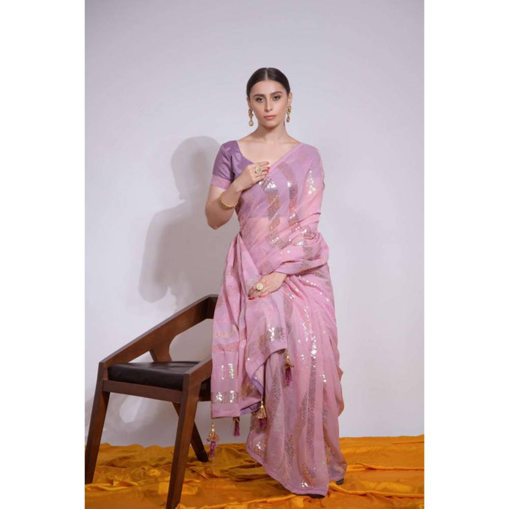 Isadora Life Womens Sequined Tassels Pink Pre-Draped Saree With Unstitched Blouse