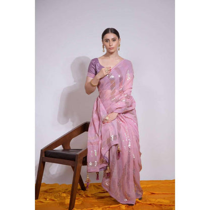 Isadora Life Womens Sequined Tassels Pink Pre-Draped Saree With Unstitched Blouse
