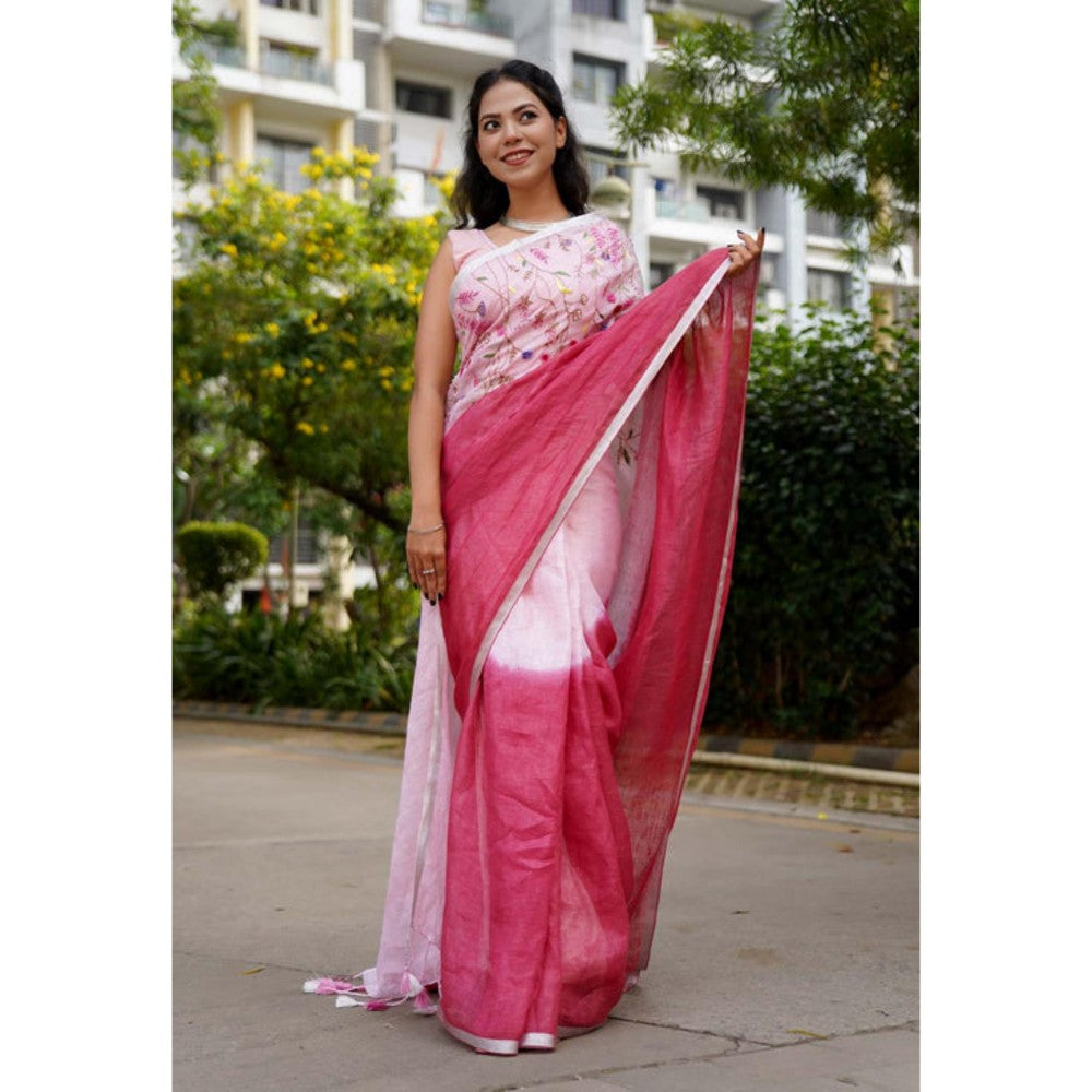 Isadora Life Womens Ombre Tassels Pink Pre-Draped Saree With Unstitched Blouse