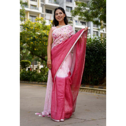 Isadora Life Womens Ombre Tassels Pink Pre-Draped Saree With Unstitched Blouse