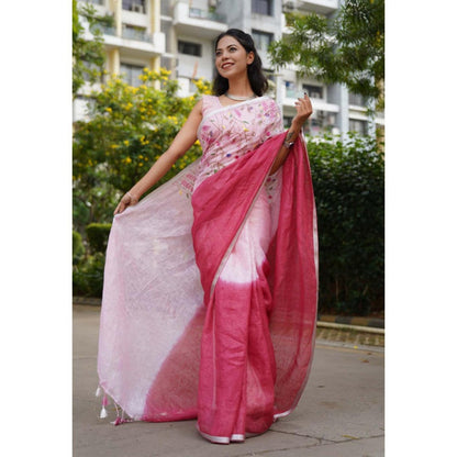 Isadora Life Womens Ombre Tassels Pink Pre-Draped Saree With Unstitched Blouse