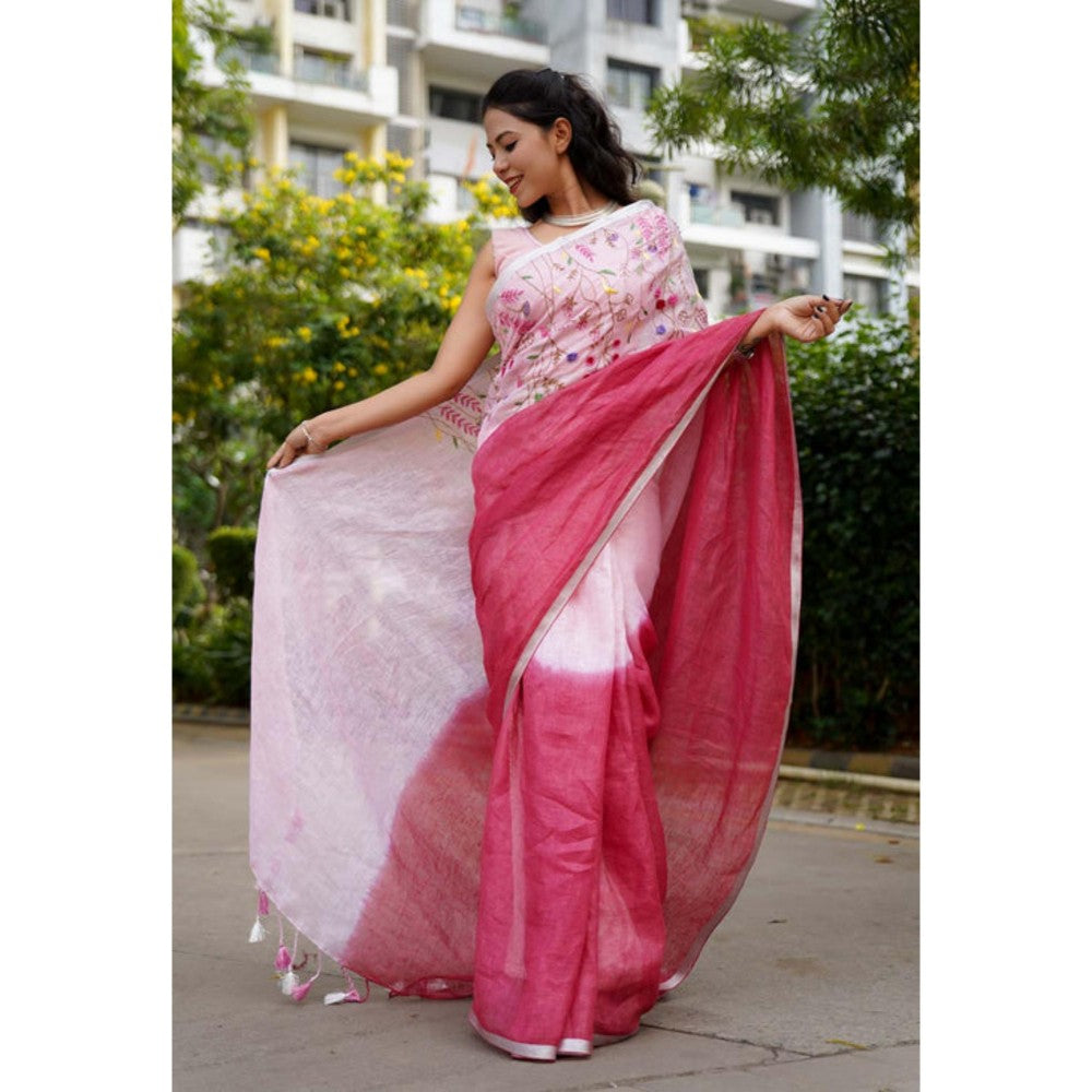 Isadora Life Womens Ombre Tassels Pink Pre-Draped Saree With Unstitched Blouse