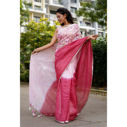 Isadora Life Womens Ombre Tassels Pink Pre-Draped Saree With Unstitched Blouse