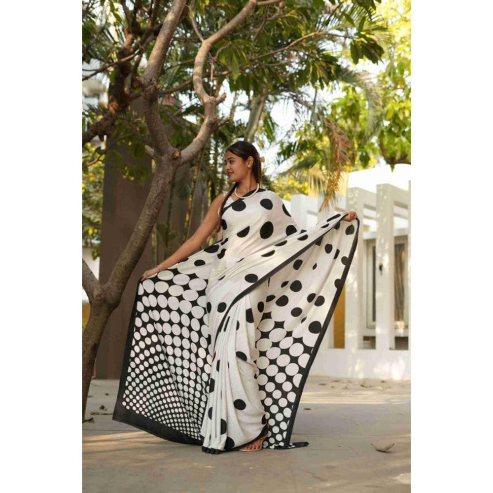 Isadora Life Womens Polka Dots Printed White Pre-Draped Saree With Unstitched Blouse