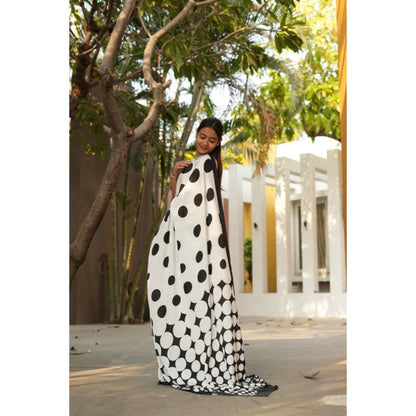 Isadora Life Womens Polka Dots Printed White Pre-Draped Saree With Unstitched Blouse