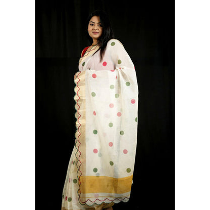 Isadora Life Womens Polka Dots Zari White Pre-Draped Saree With Unstitched Blouse