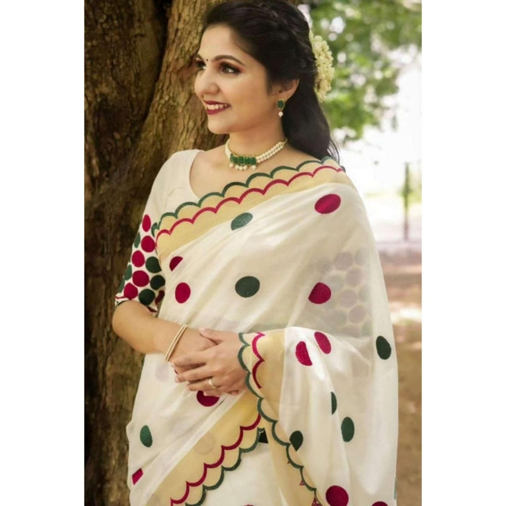 Isadora Life Womens Polka Dots Zari White Pre-Draped Saree With Unstitched Blouse