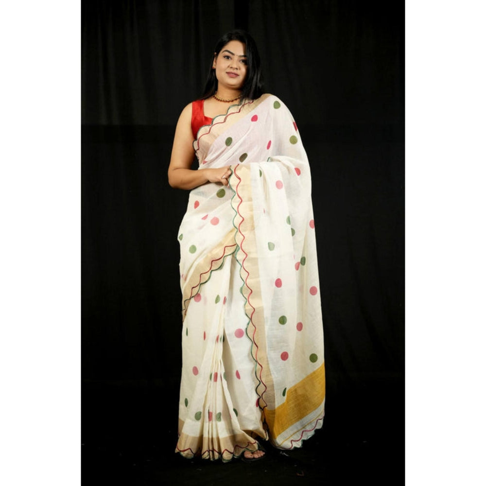 Isadora Life Womens Polka Dots Zari White Pre-Draped Saree With Unstitched Blouse