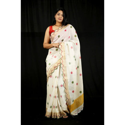 Isadora Life Womens Polka Dots Zari White Pre-Draped Saree With Unstitched Blouse