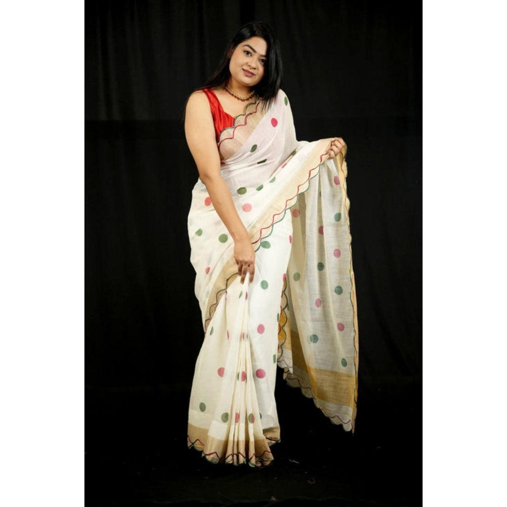 Isadora Life Womens Polka Dots Zari White Pre-Draped Saree With Unstitched Blouse