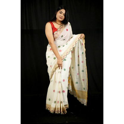 Isadora Life Womens Polka Dots Zari White Pre-Draped Saree With Unstitched Blouse