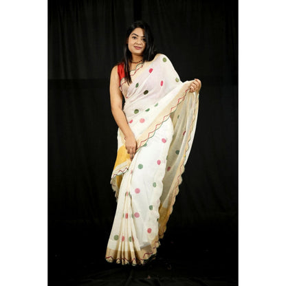 Isadora Life Womens Polka Dots Zari White Pre-Draped Saree With Unstitched Blouse