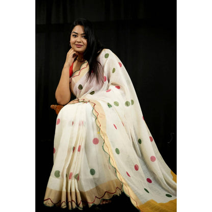 Isadora Life Womens Polka Dots Zari White Pre-Draped Saree With Unstitched Blouse