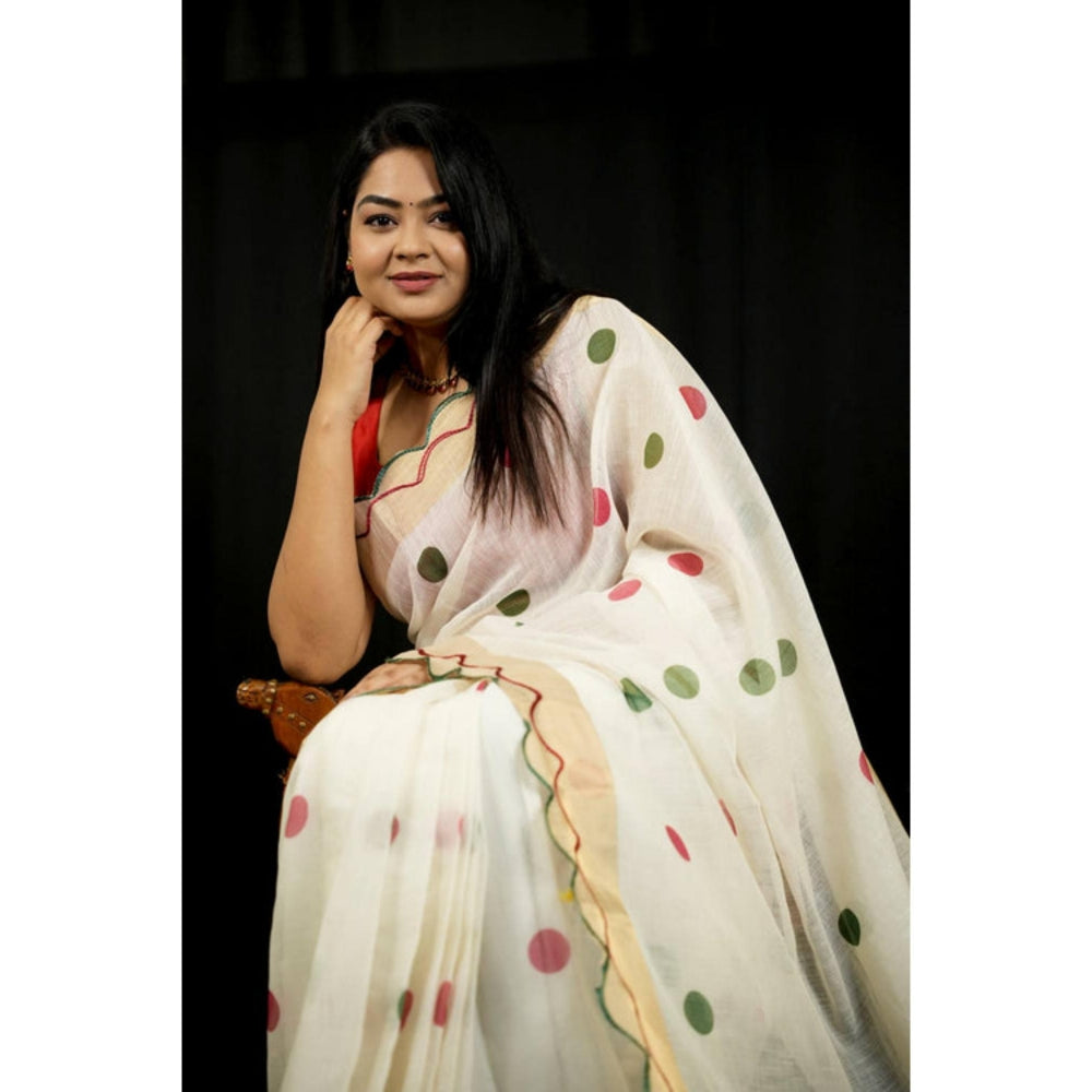 Isadora Life Womens Polka Dots Zari White Pre-Draped Saree With Unstitched Blouse