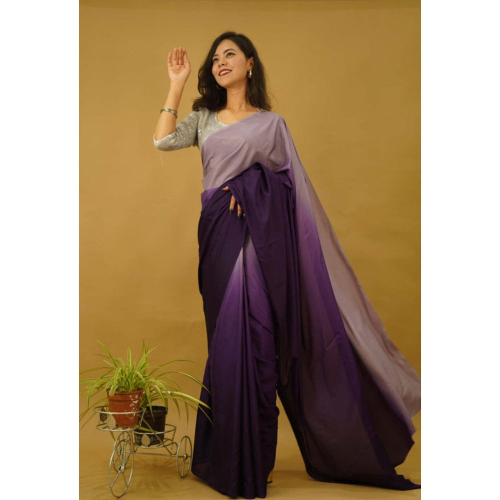 Isadora Life Womens Ombre Printed Purple Pre-Draped Saree With Unstitched Blouse