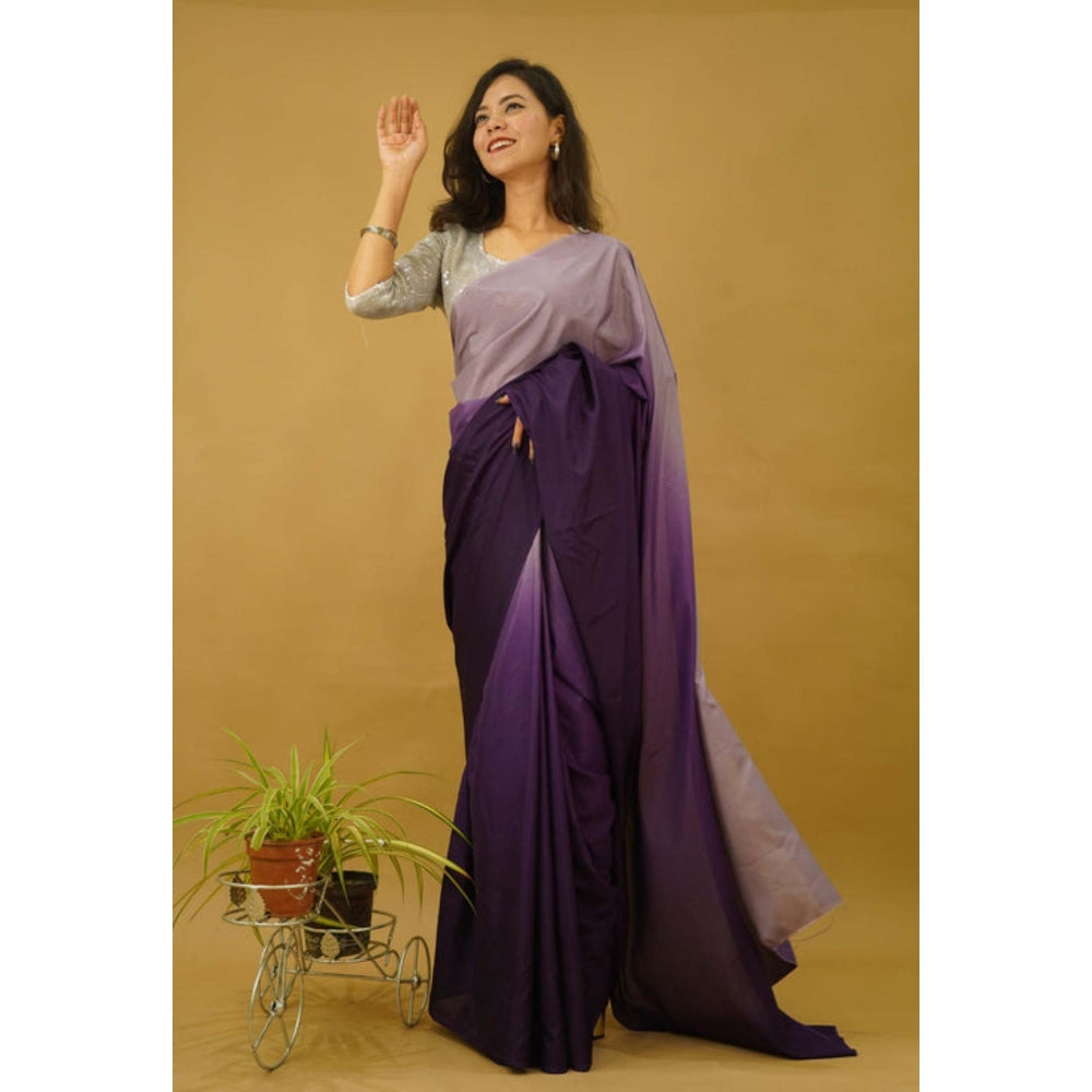 Isadora Life Womens Ombre Printed Purple Pre-Draped Saree With Unstitched Blouse