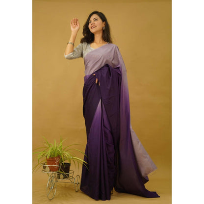 Isadora Life Womens Ombre Printed Purple Pre-Draped Saree With Unstitched Blouse