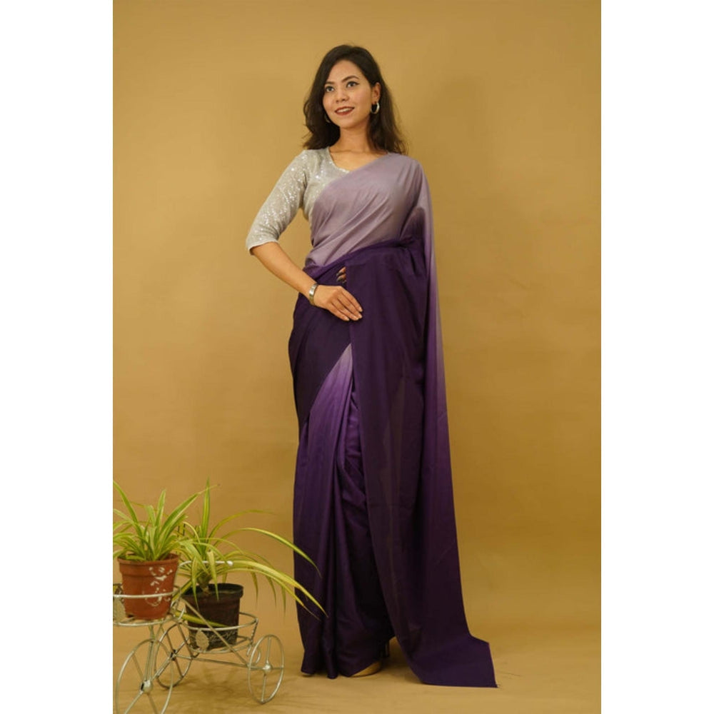 Isadora Life Womens Ombre Printed Purple Pre-Draped Saree With Unstitched Blouse